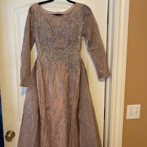 pink beaded over skirt evening gown